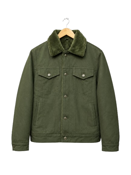 Olive Green Denim Shearling Jacket - Image 3